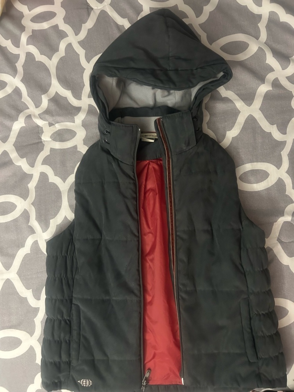 ExOfficio Dark Grey Hooded Puffer Vest with Red Lining